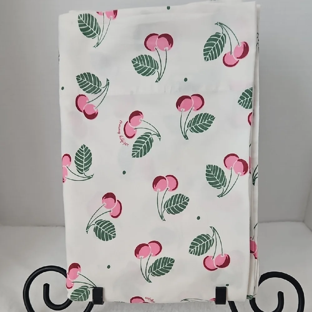 Tommy Hilfiger Pink Red Cherries Green Leaf Cotton Twin Flat Sheet